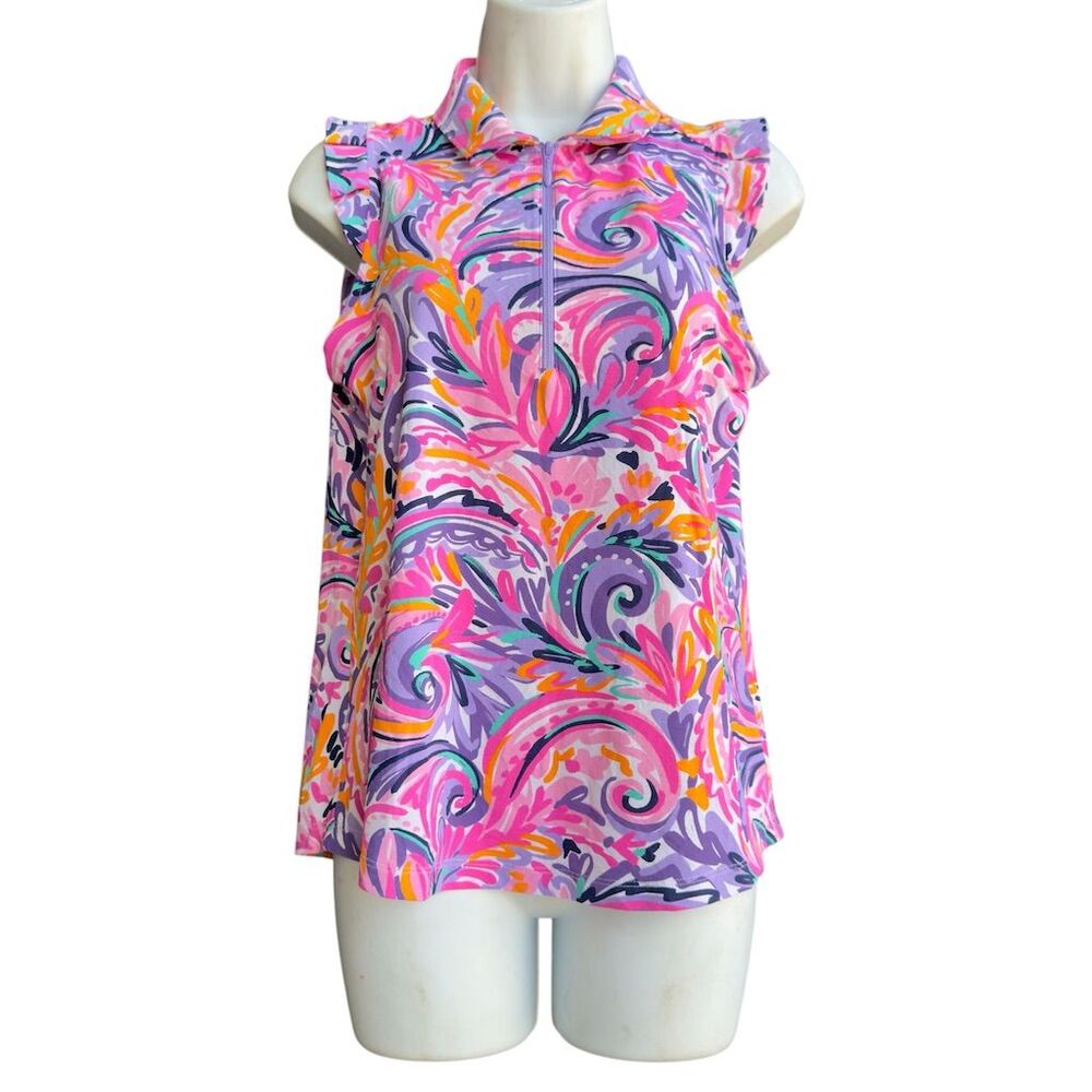 IBKUL Floral Ruffle Sleeveless Golf Tank Top Women's S 1/4 Zip UPF 50 Blouse